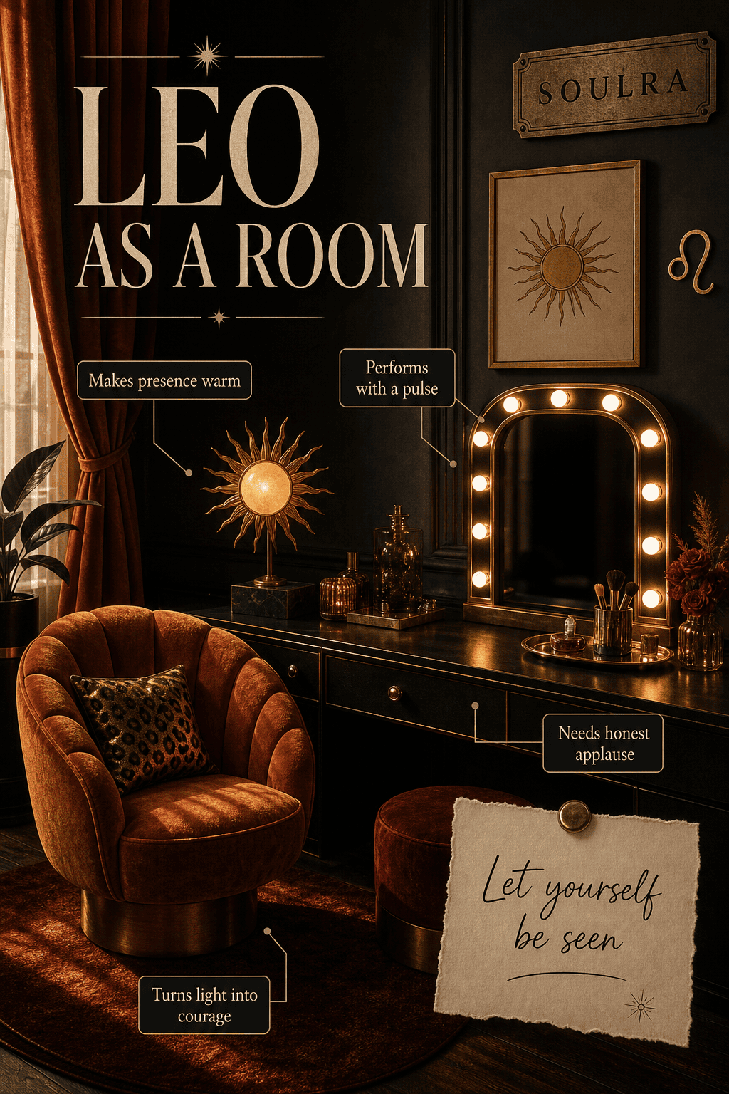 An opulent living room decorated in rich, warm tones, featuring a plush orange armchair and a vanity table with a lighted…