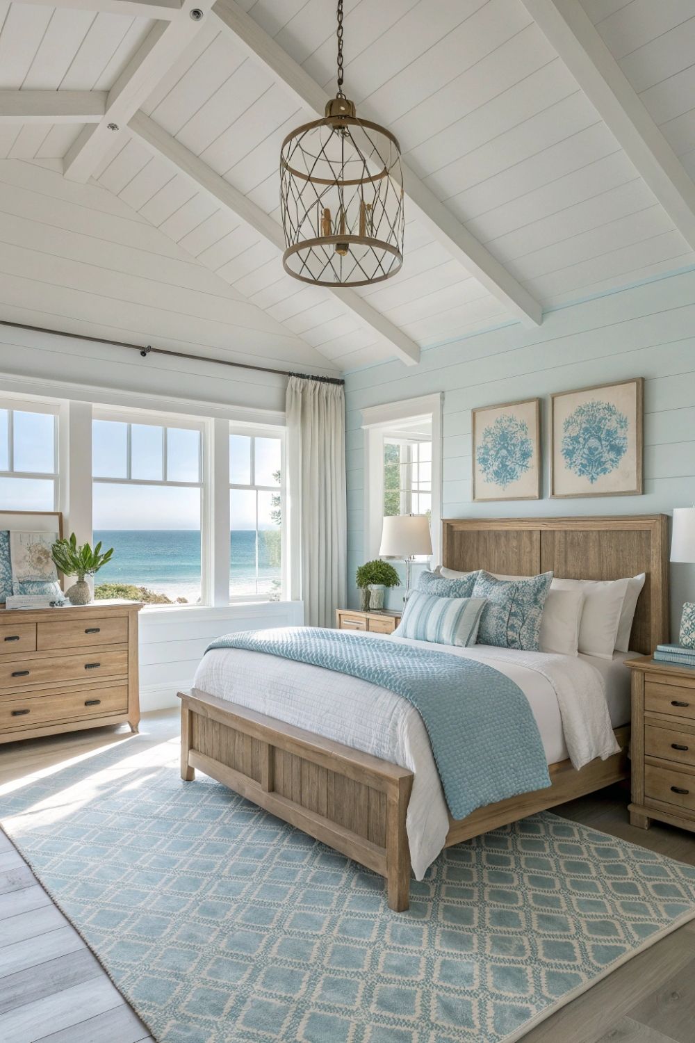 Bedroom with light blue walls, a wooden bed, light blue and white bedding, and a light blue patterned rug.
