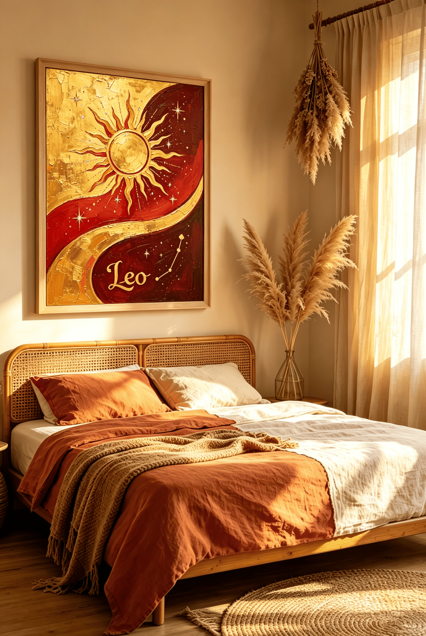 Bedroom with a bed with terracotta and off-white bedding, a woven headboard, and a sun and Leo constellation painting above…
