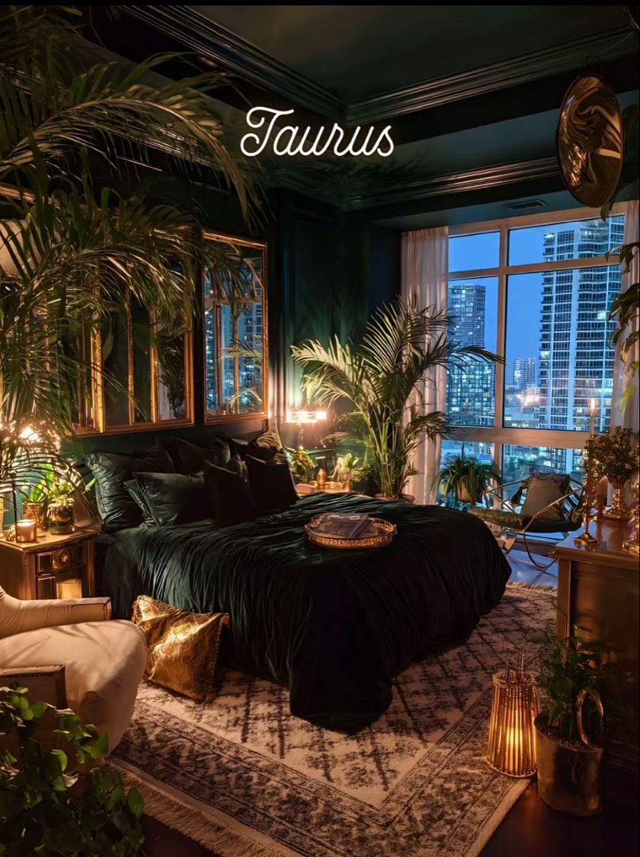 Bedroom with dark green velvet bed, large windows showing city skyline, and numerous potted palm plants.