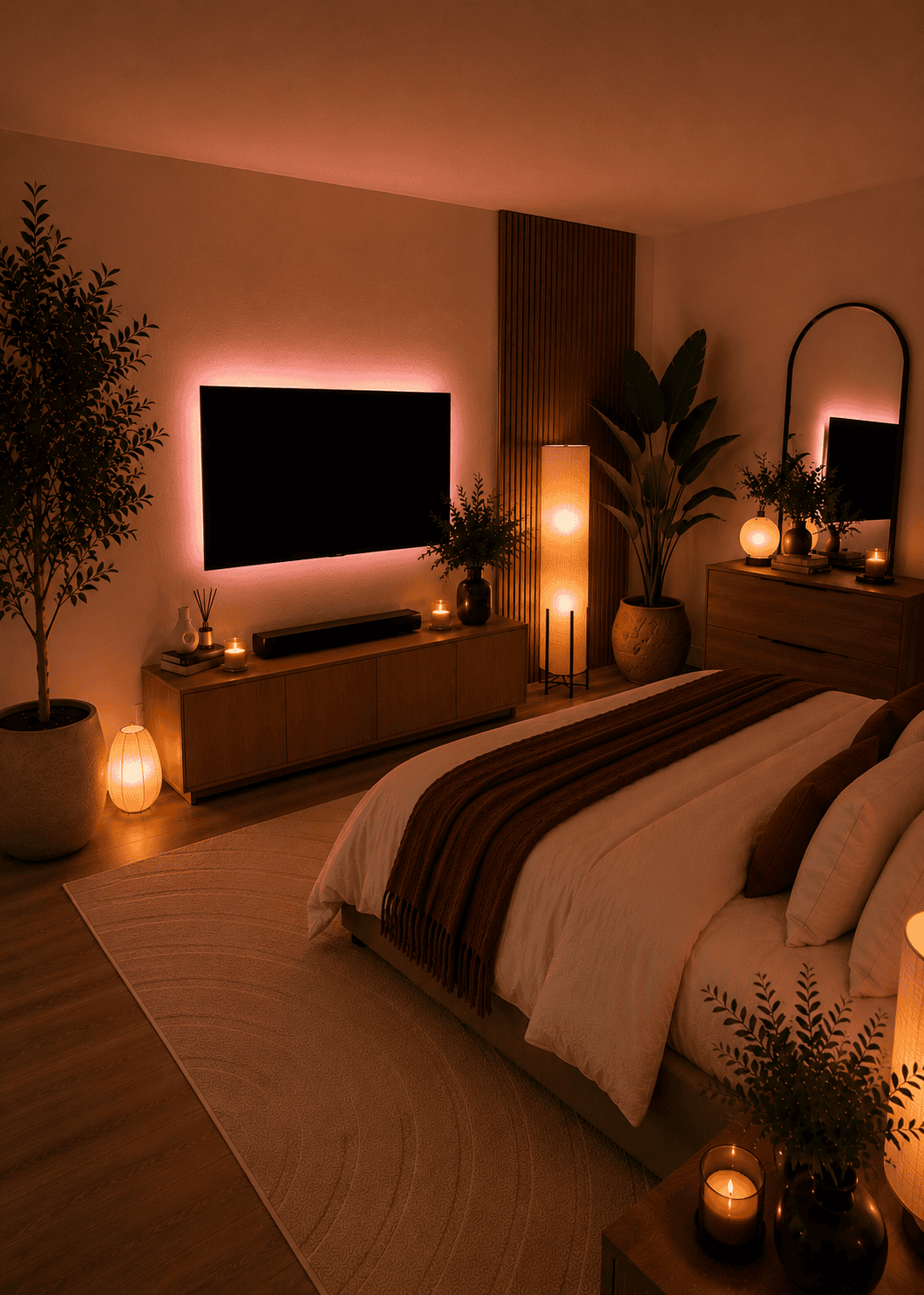 Bedroom with ambient lighting, including a TV with pink LED backlighting, floor lamps, and candles.
