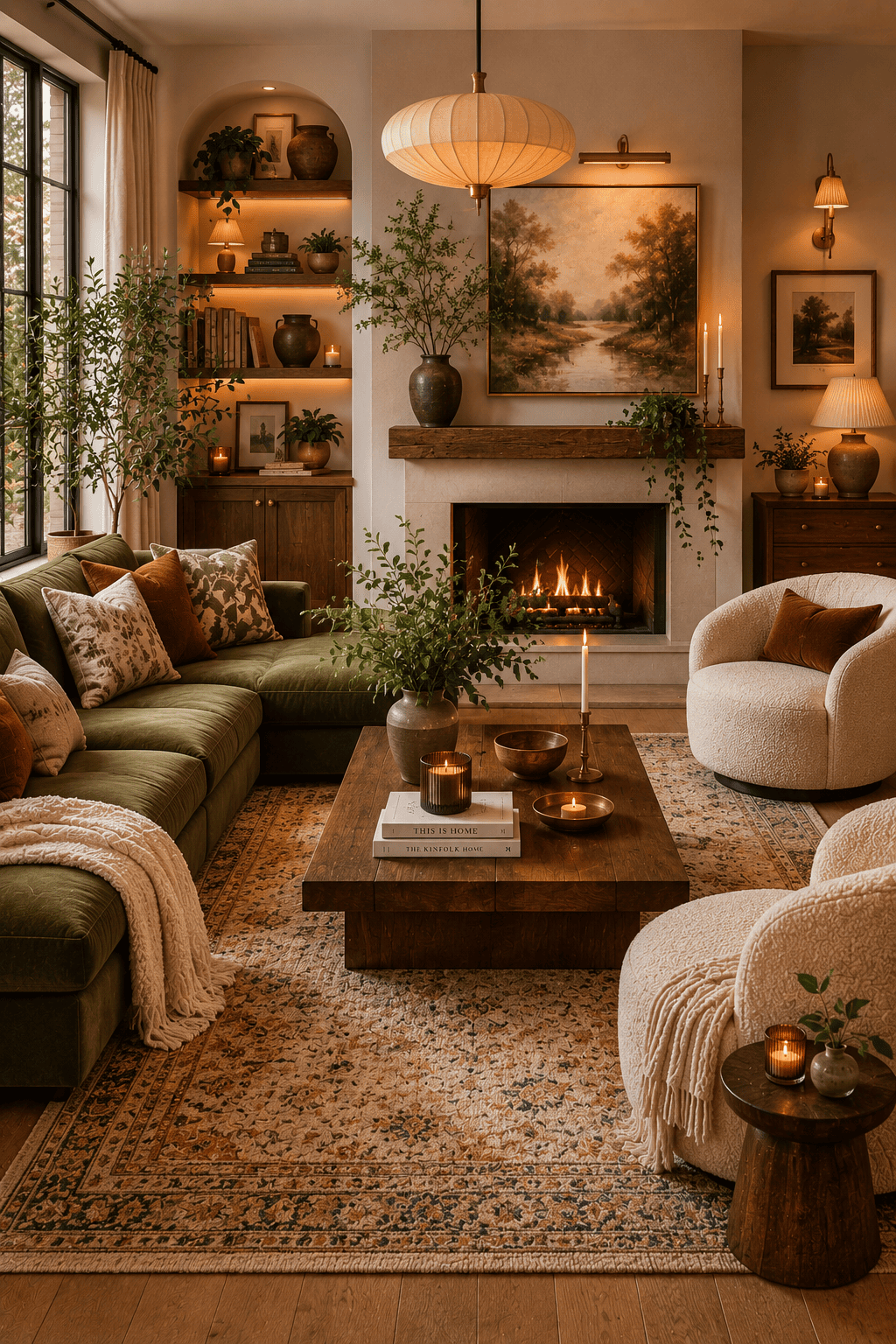 Living room with a green sectional sofa, a fireplace, and two cream swivel chairs arranged around a wooden coffee table.