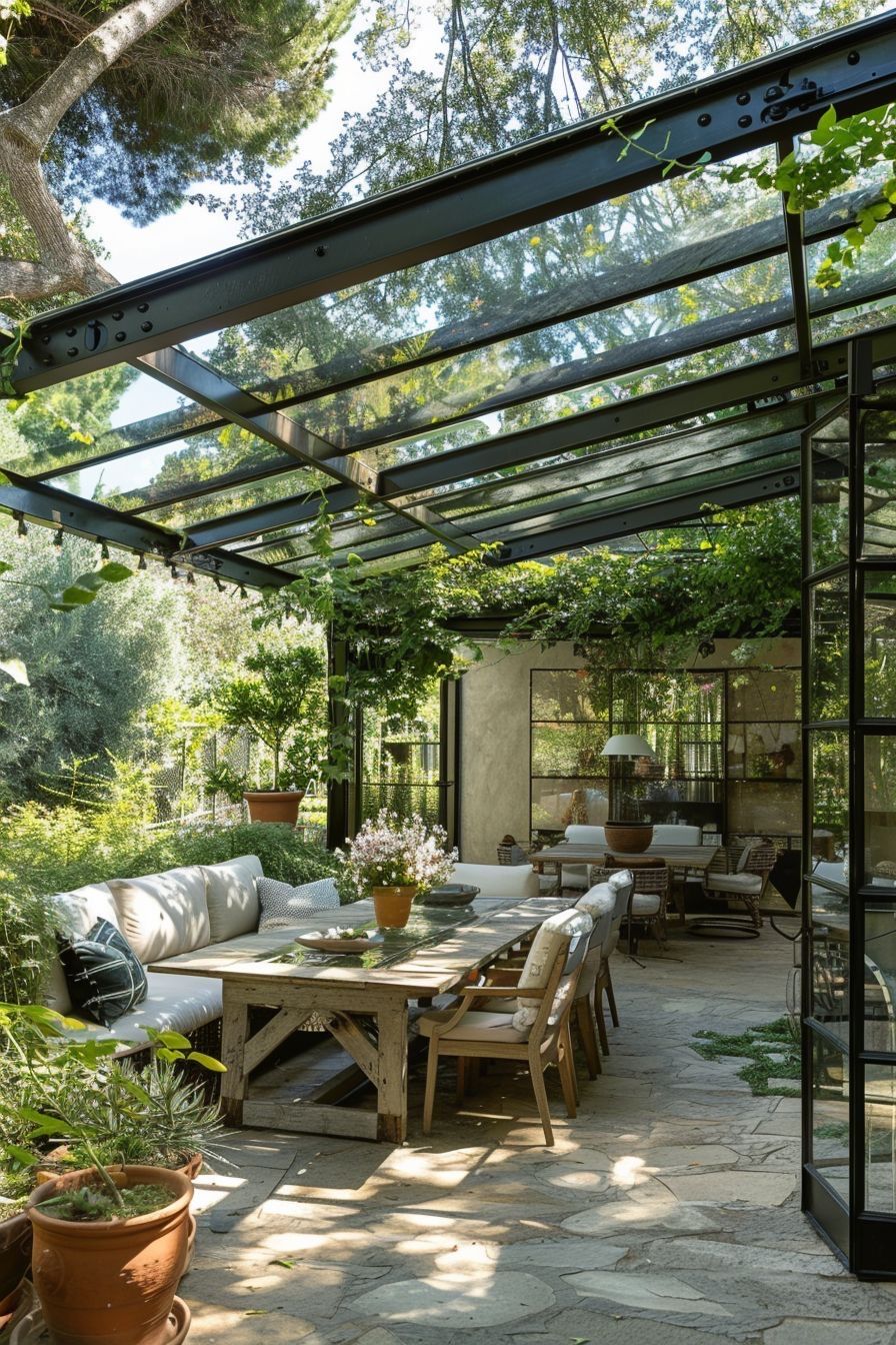 An outdoor dining area under a large glass roof supported by dark beams, surrounded by lush green foliage and potted plants.