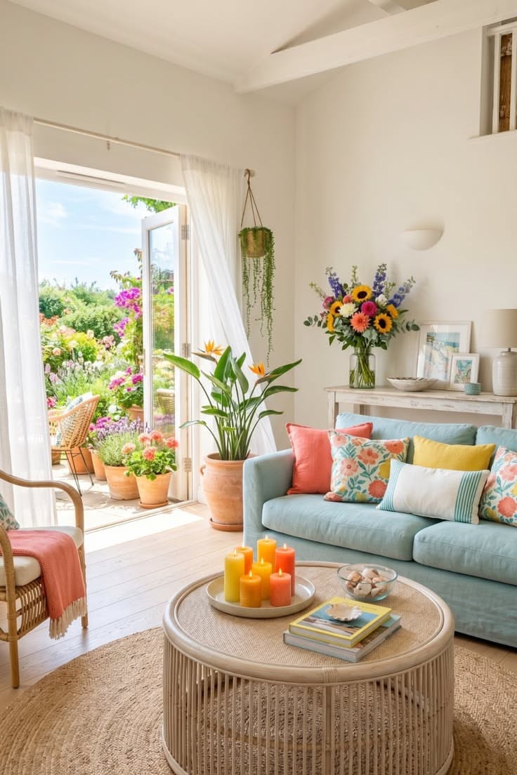 A living room with an open door looking out onto a vibrant garden.