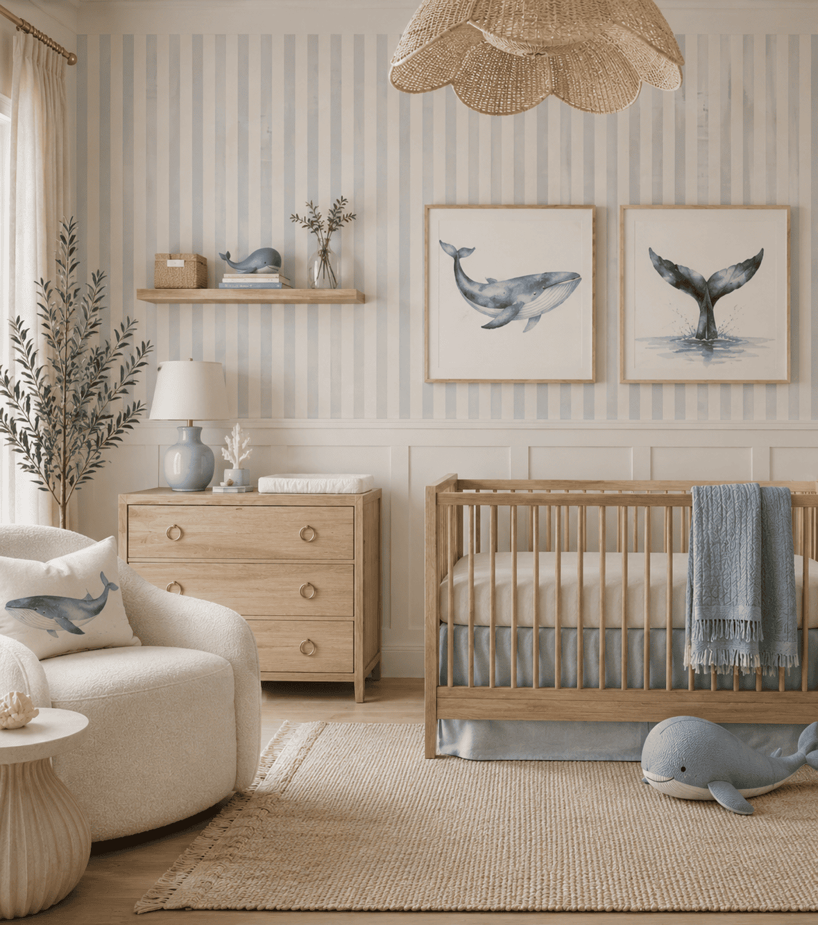 Baby nursery with light blue striped wallpaper, a wooden crib, changing dresser, and a cream-colored armchair.