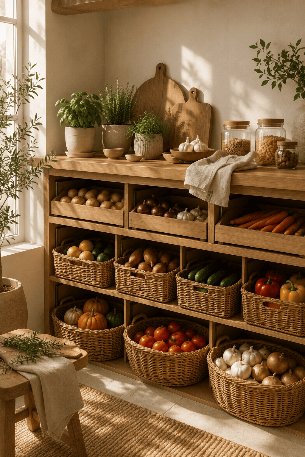 An open wooden shelving unit filled with baskets and wooden drawers of fresh vegetables and herbs, next to a sunlit window.