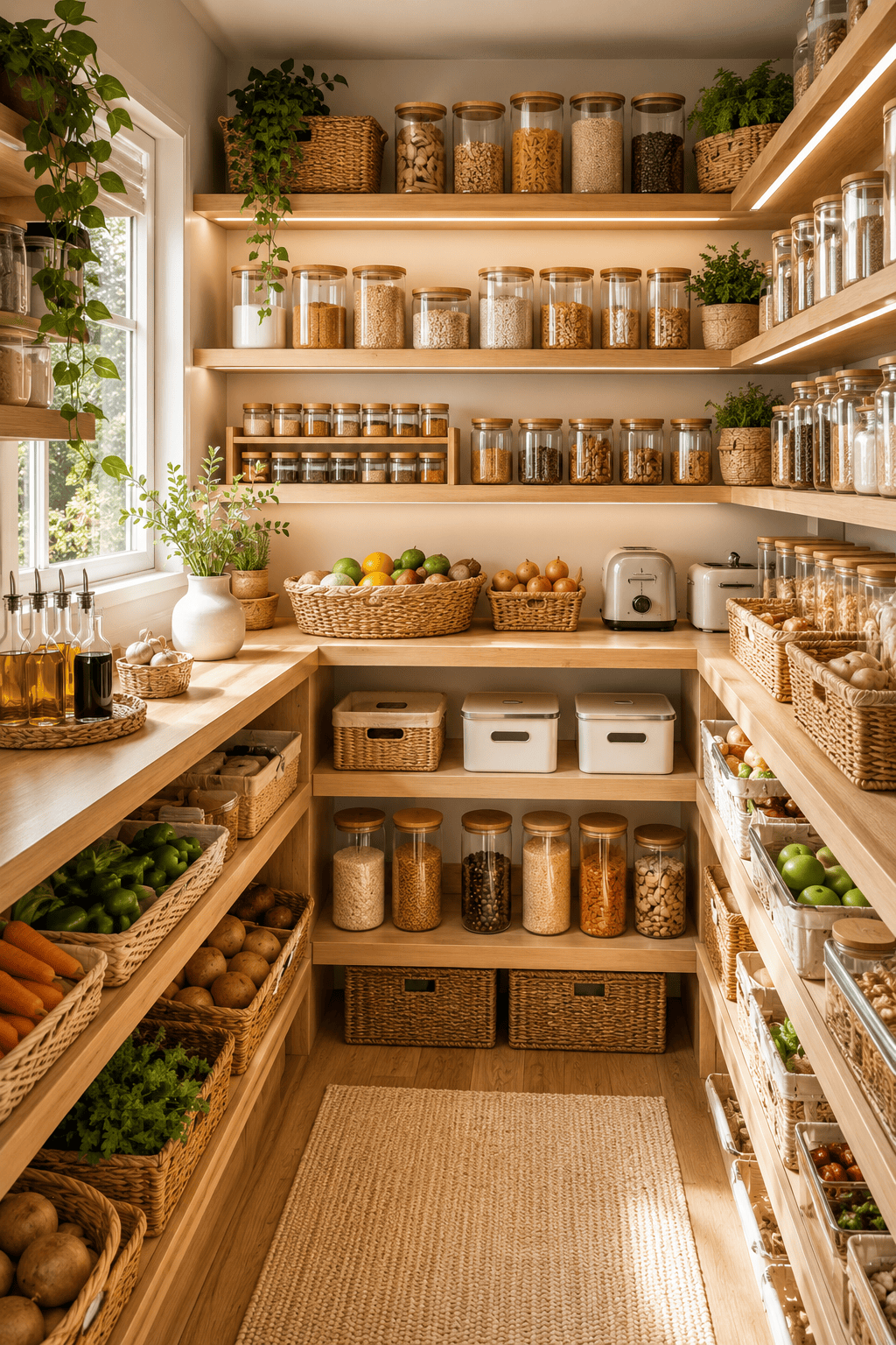 An organized walk-in pantry with wooden shelves, filled with clear jars of dry goods, baskets of produce, and various…