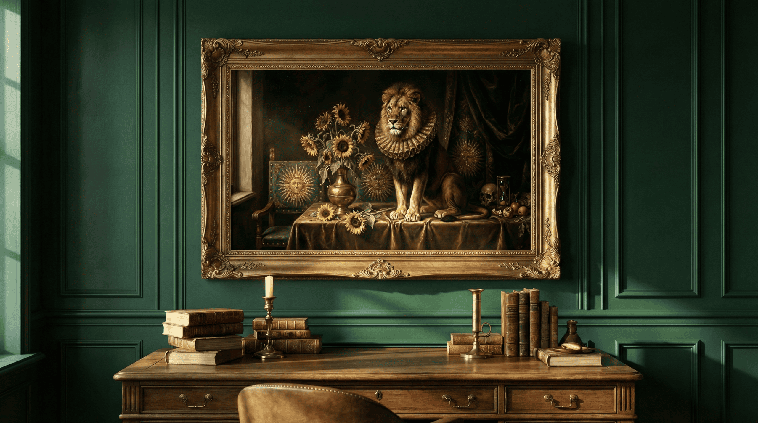 An oil painting of a crowned lion seated on a table with sunflowers, framed in ornate gold, hangs above a wooden desk.