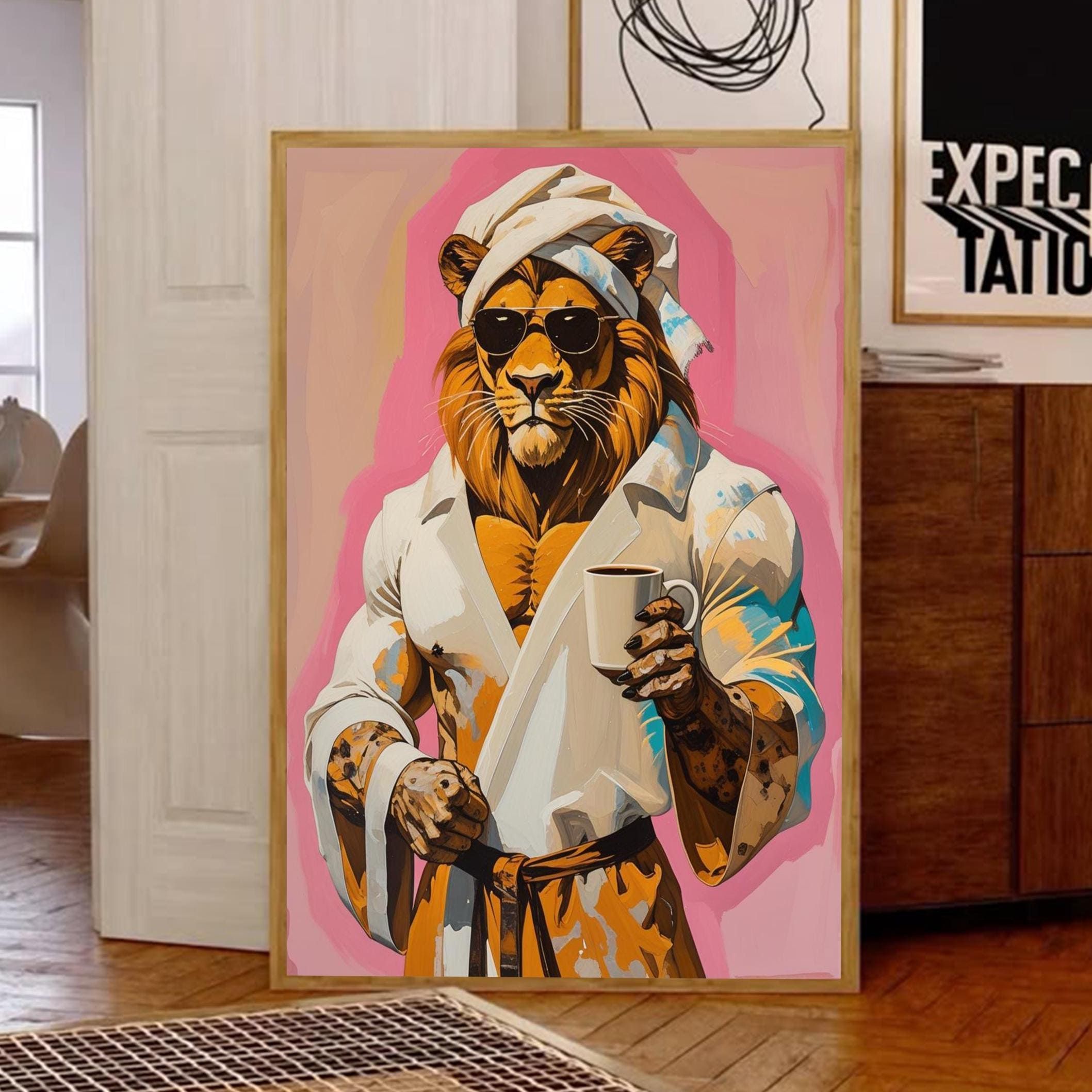 Digital painting of a muscular lion wearing sunglasses, a turban, and a white robe, holding a coffee cup, against a pink…