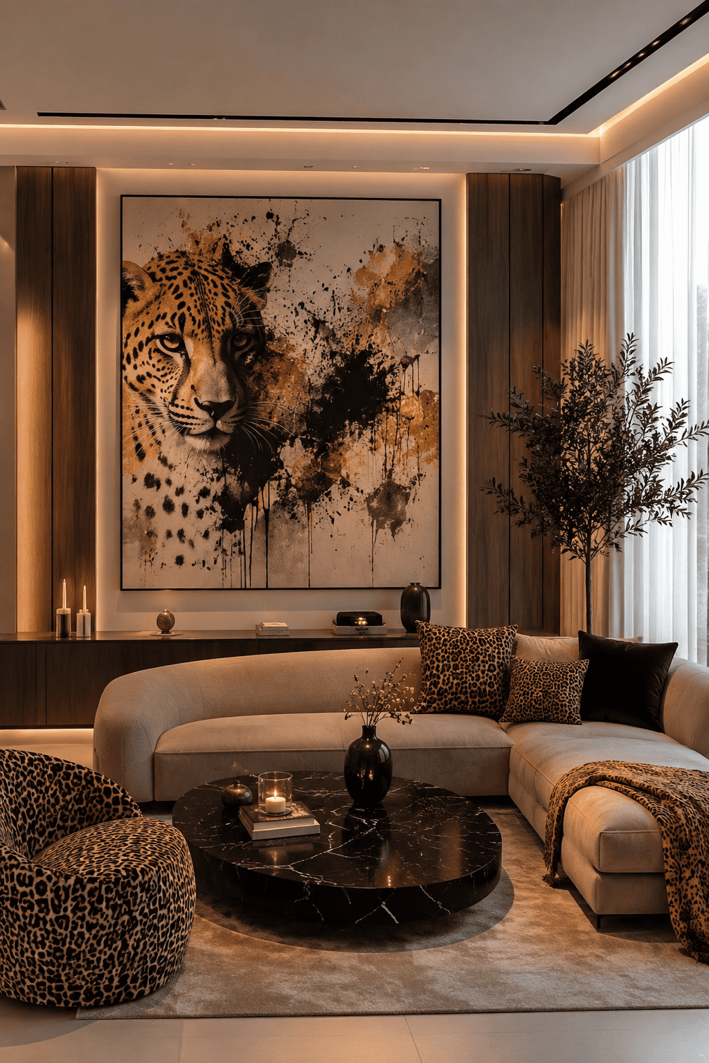 A modern living room with a large painting of a leopard head over a beige sectional sofa.