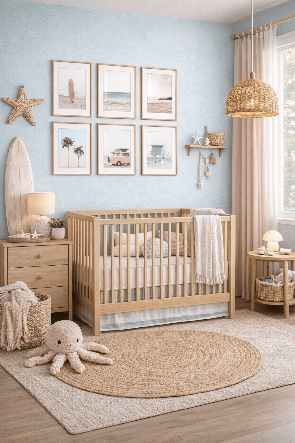 Baby nursery with light blue walls, natural wood crib, dresser, and side table. Woven jute rugs on the floor.