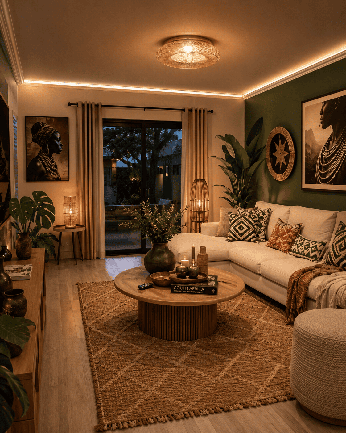 Living room with an off-white sectional, round wooden coffee table, jute rug, woven lamps, and soft ambient lighting