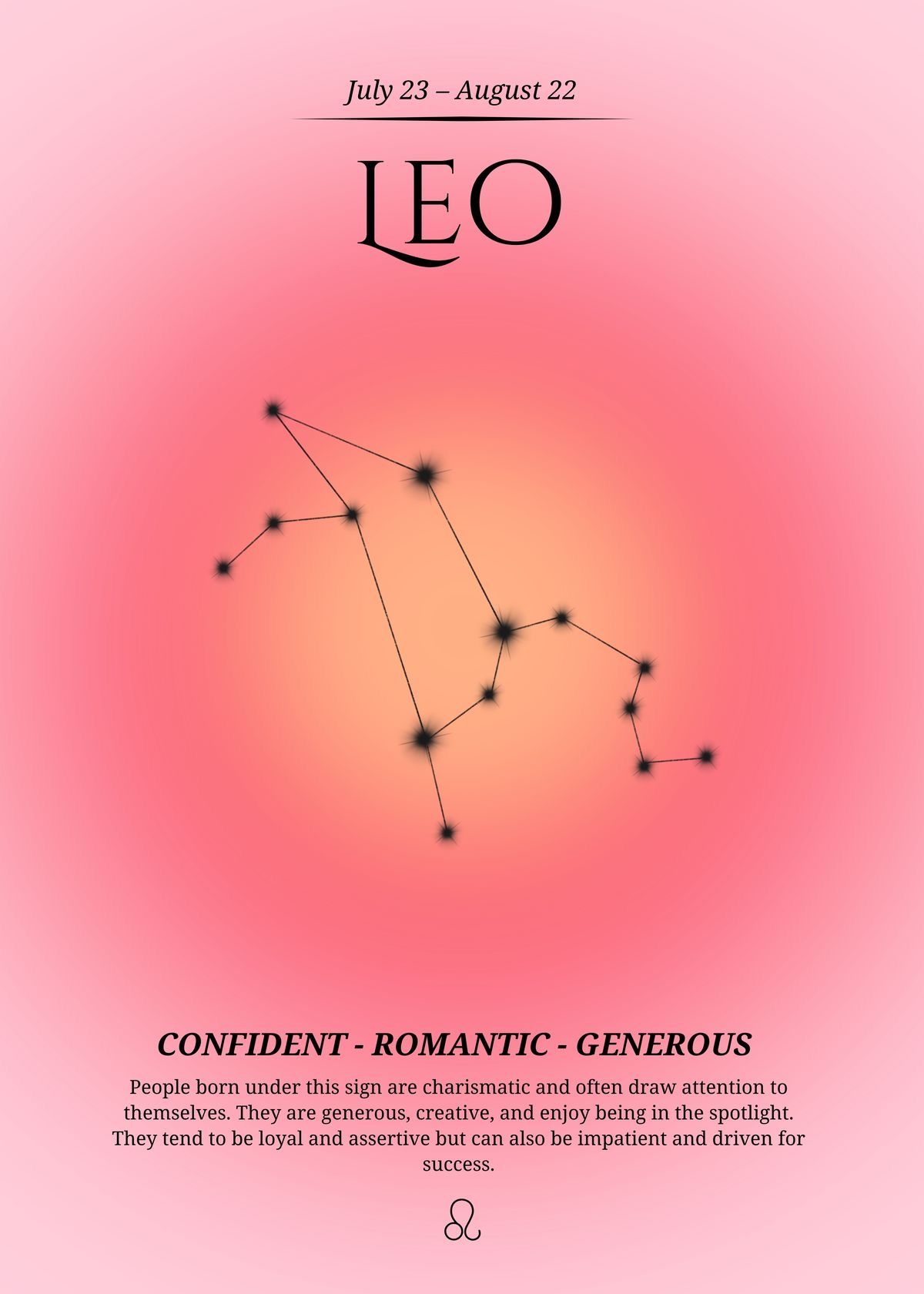 A stylized depiction of the Leo constellation, with stars connected by lines, against a pink and orange gradient background.