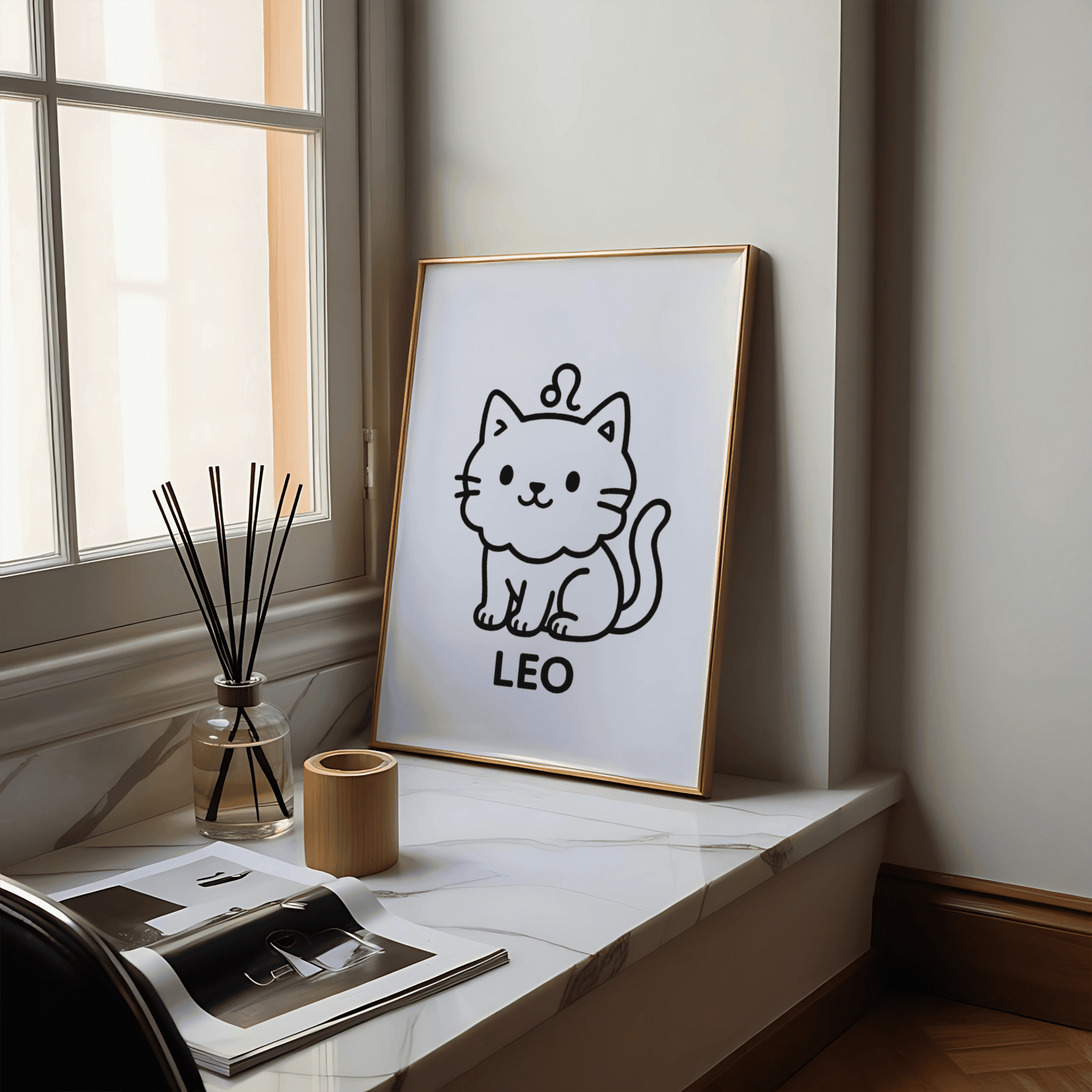 A framed art print of a cartoon cat with a Leo zodiac sign sits on a white marble shelf next to a window.