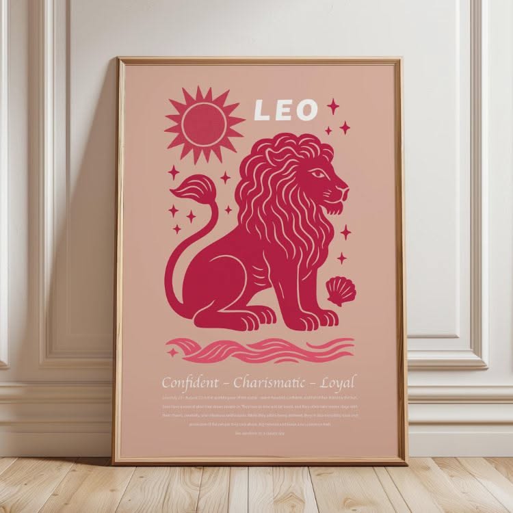 Framed artwork with a stylized red lion, sun, and stars on a beige background.
