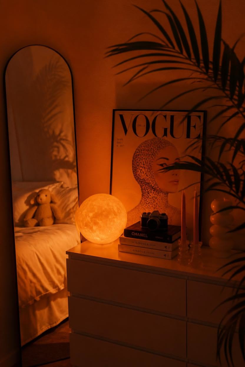 Moon-like globe lamp on a white dresser, casting warm orange light.