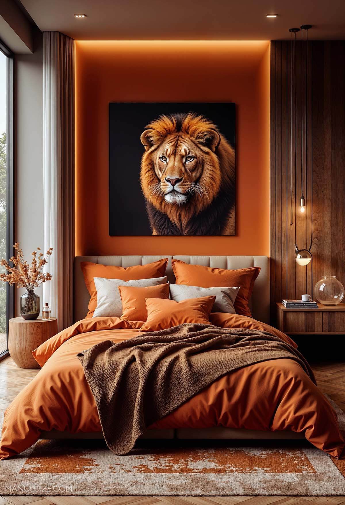 Bedroom with orange wall accent and bedding, featuring a large framed lion portrait above the bed.