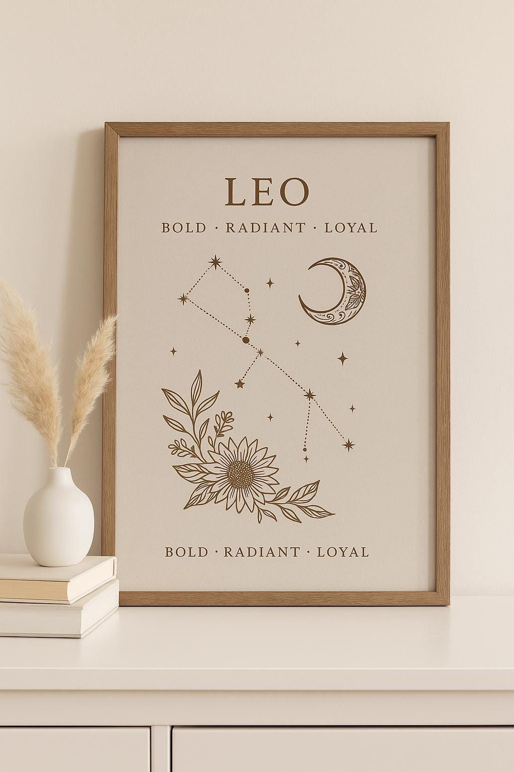 A framed art print featuring the word 'Leo', a constellation, a crescent moon, and floral illustrations.