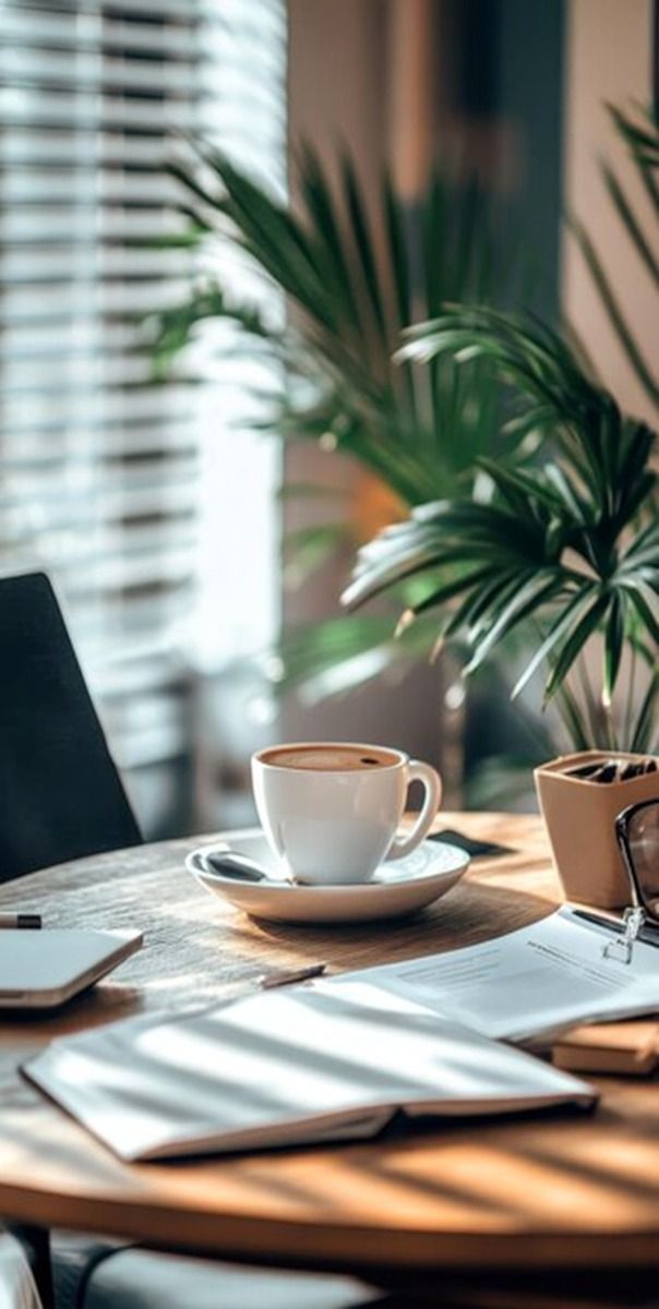 A cup of coffee, documents, and a potted plant on a wooden desk bathed in natural light from a window with blinds.