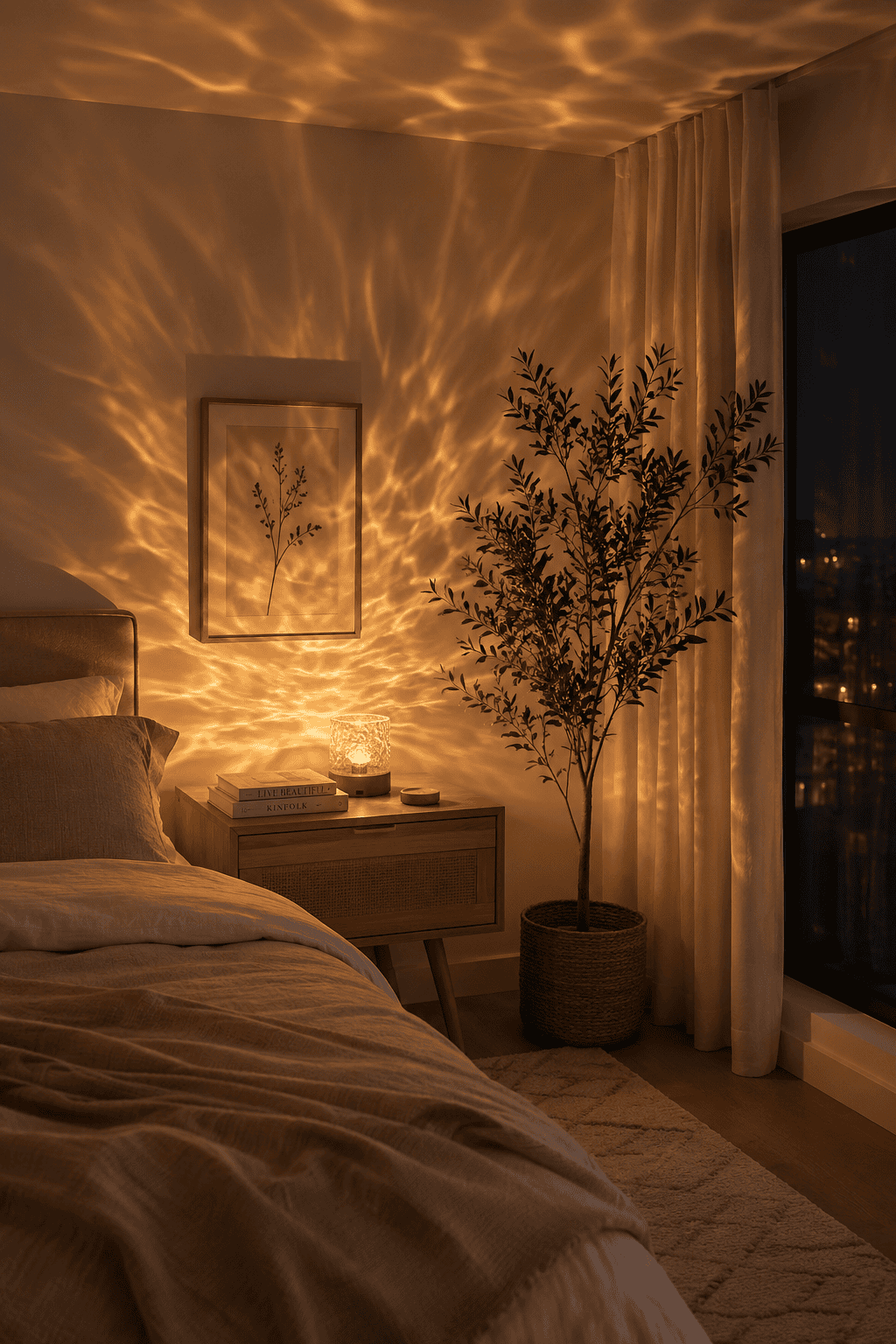 Bedroom with a nightstand, lamp casting light patterns on the wall, a bed, and a potted plant.