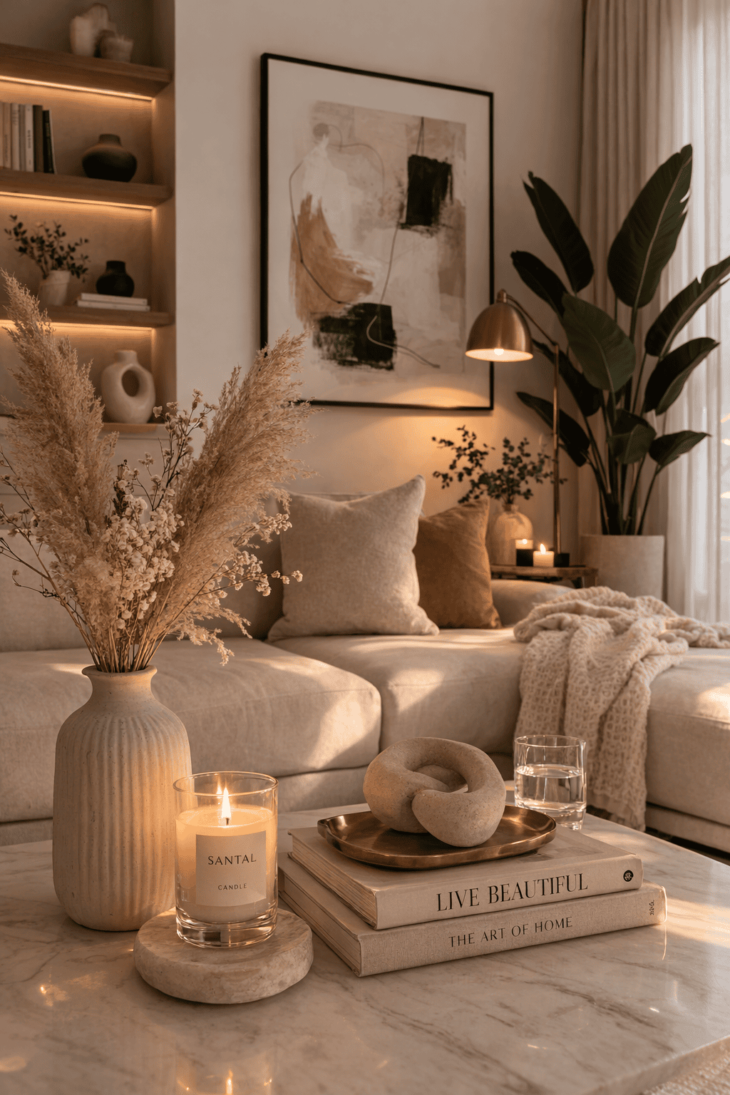 Neutral living room with a light-colored sectional sofa, accent pillows, and a textured throw blanket.