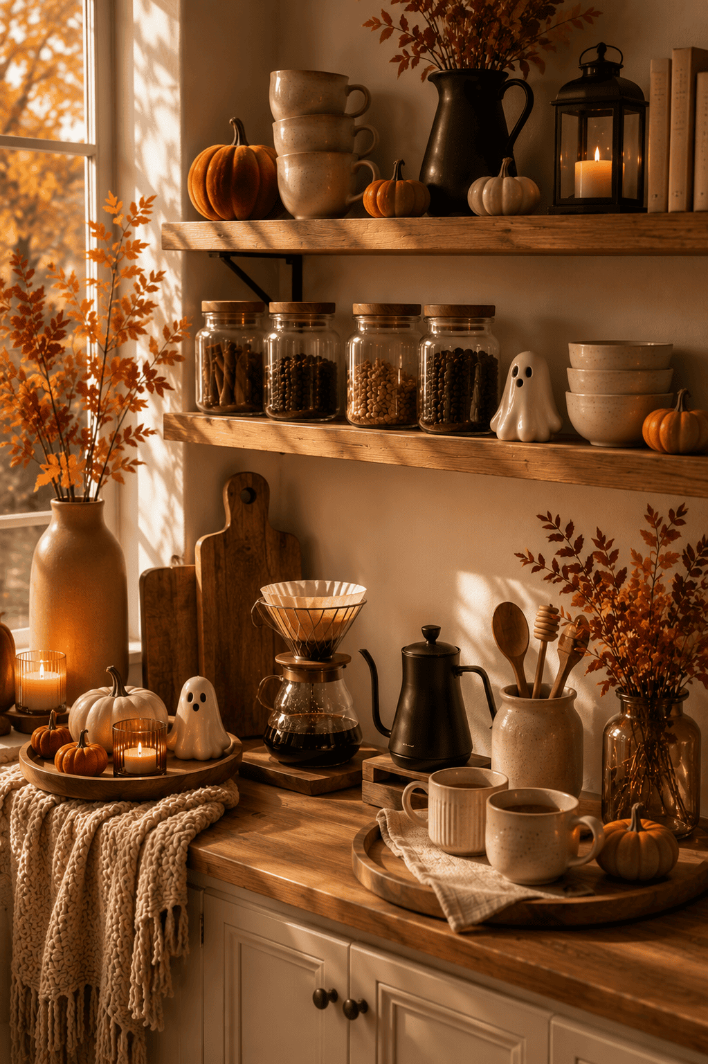 Several clear glass jars with wooden lids hold dried spices and ingredients on an open wooden shelf, with stacked mugs and…