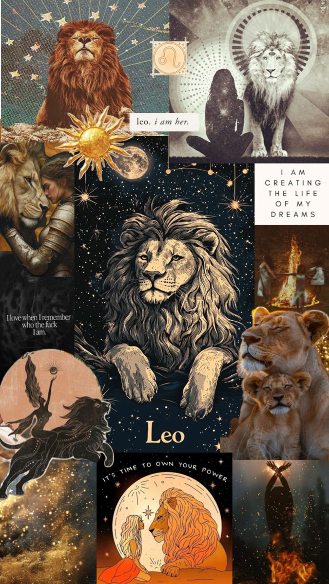 A decorative collage with illustrations and stylized images of lions, celestial bodies, and figures, evoking a Leo…