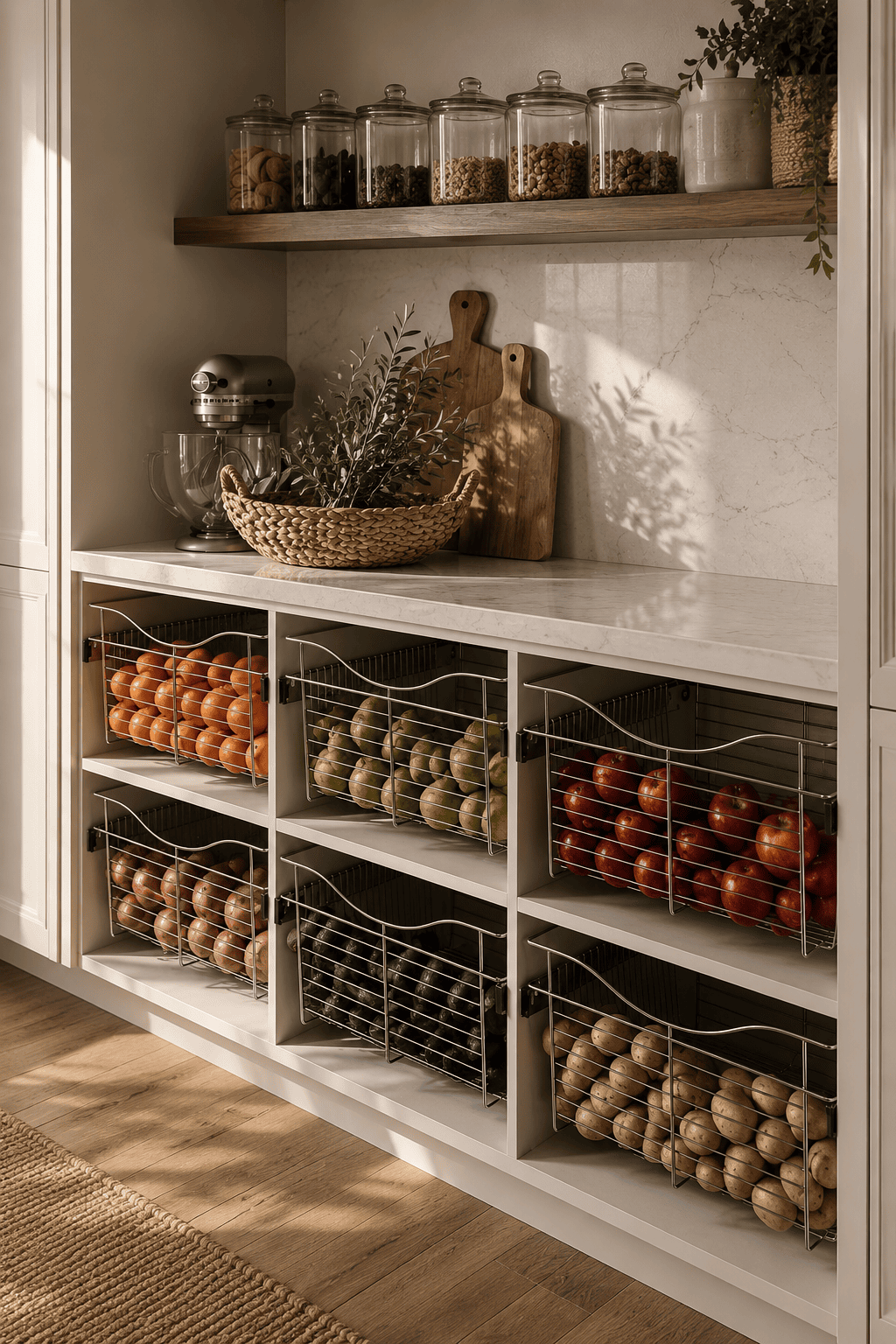 Built-in pantry with wire pull-out baskets full of apples, oranges, pears, potatoes, and avocados.