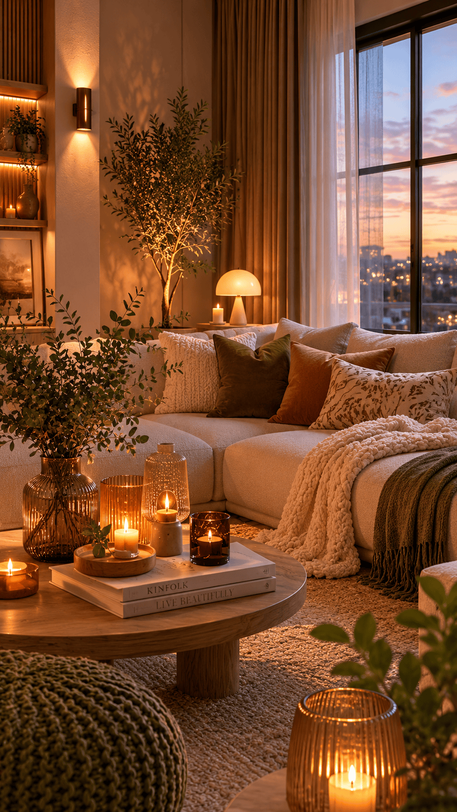 Living room at sunset with various warm lights, candles, plants, and a large sofa with cushions.
