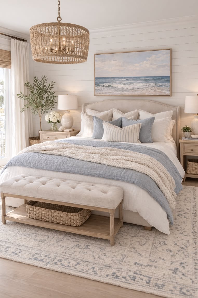 A bedroom features a bed with white and blue bedding, a tufted bench, seagrass chandelier, and a framed ocean print.