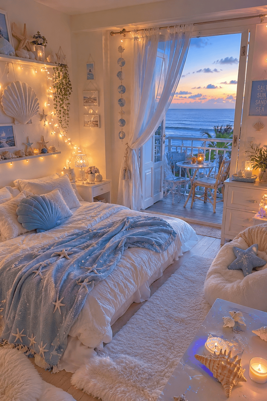 Bedroom with fairy lights, shell decor, and a blue blanket with starfish over a white bed, looking out onto a balcony and…
