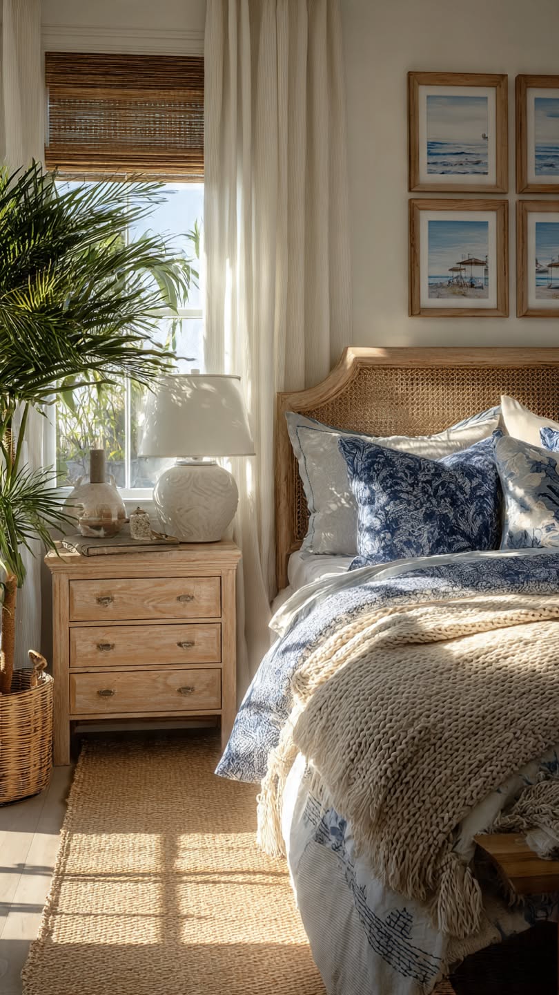 A beige coastal bedroom with a woven cane headboard, wooden nightstand, potted plant, and a textured rug.