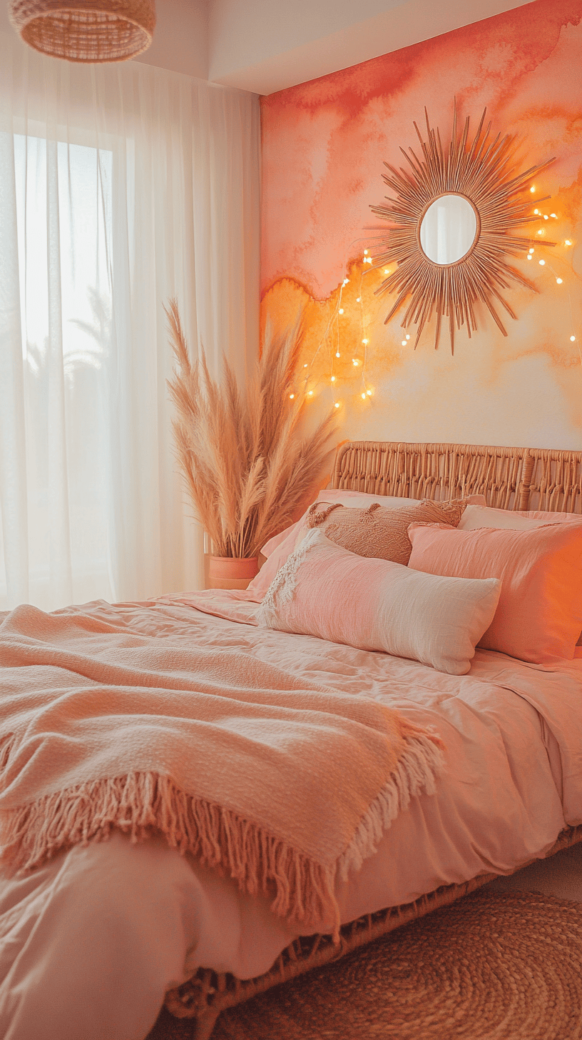 Bedroom with pink bedding, decorative pampas grass, and a sunburst mirror on a pink and orange watercolor wall