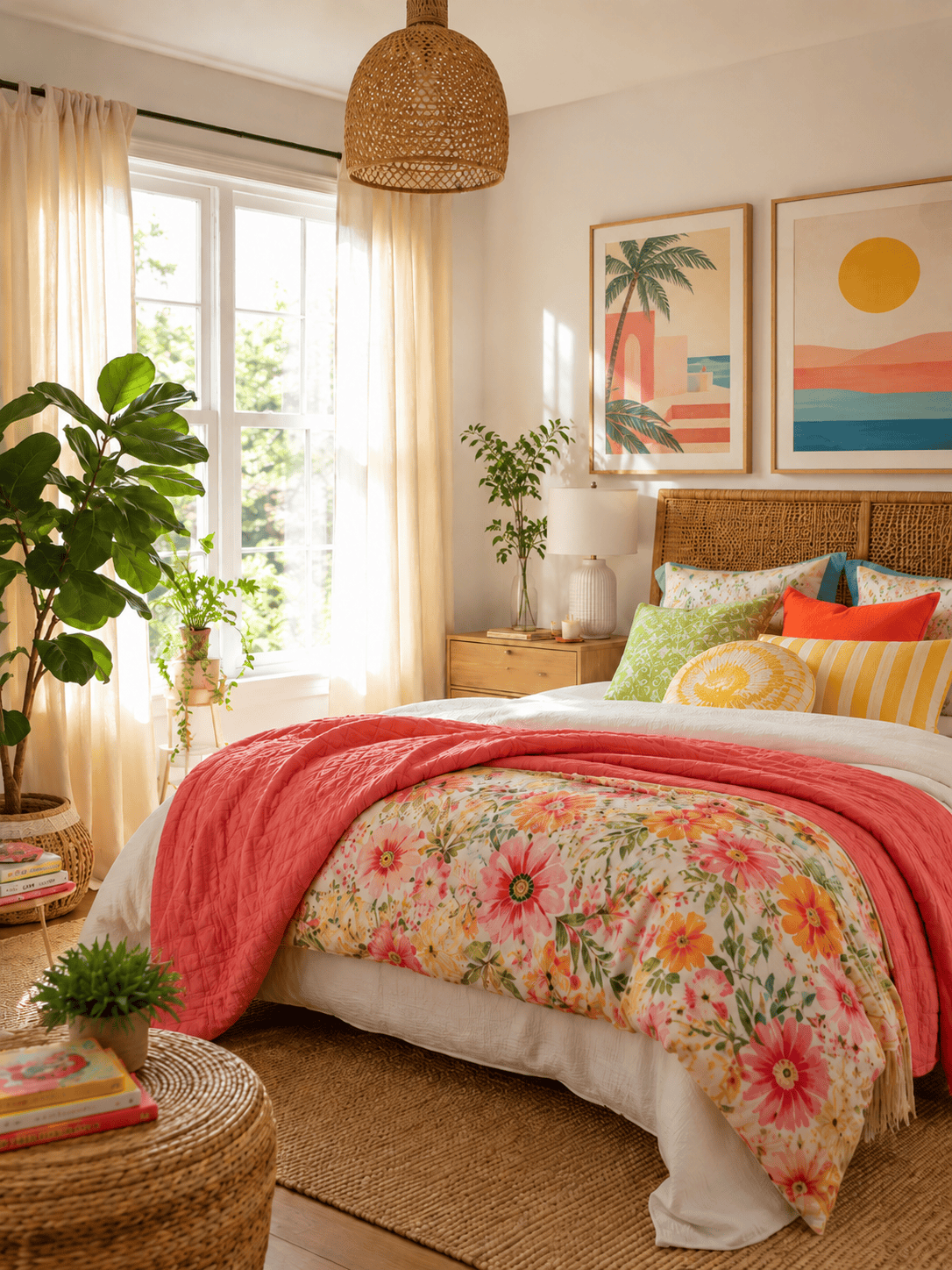 An inviting bedroom with a bed featuring a floral duvet and coral quilt, surrounded by plants and vibrant wall art.
