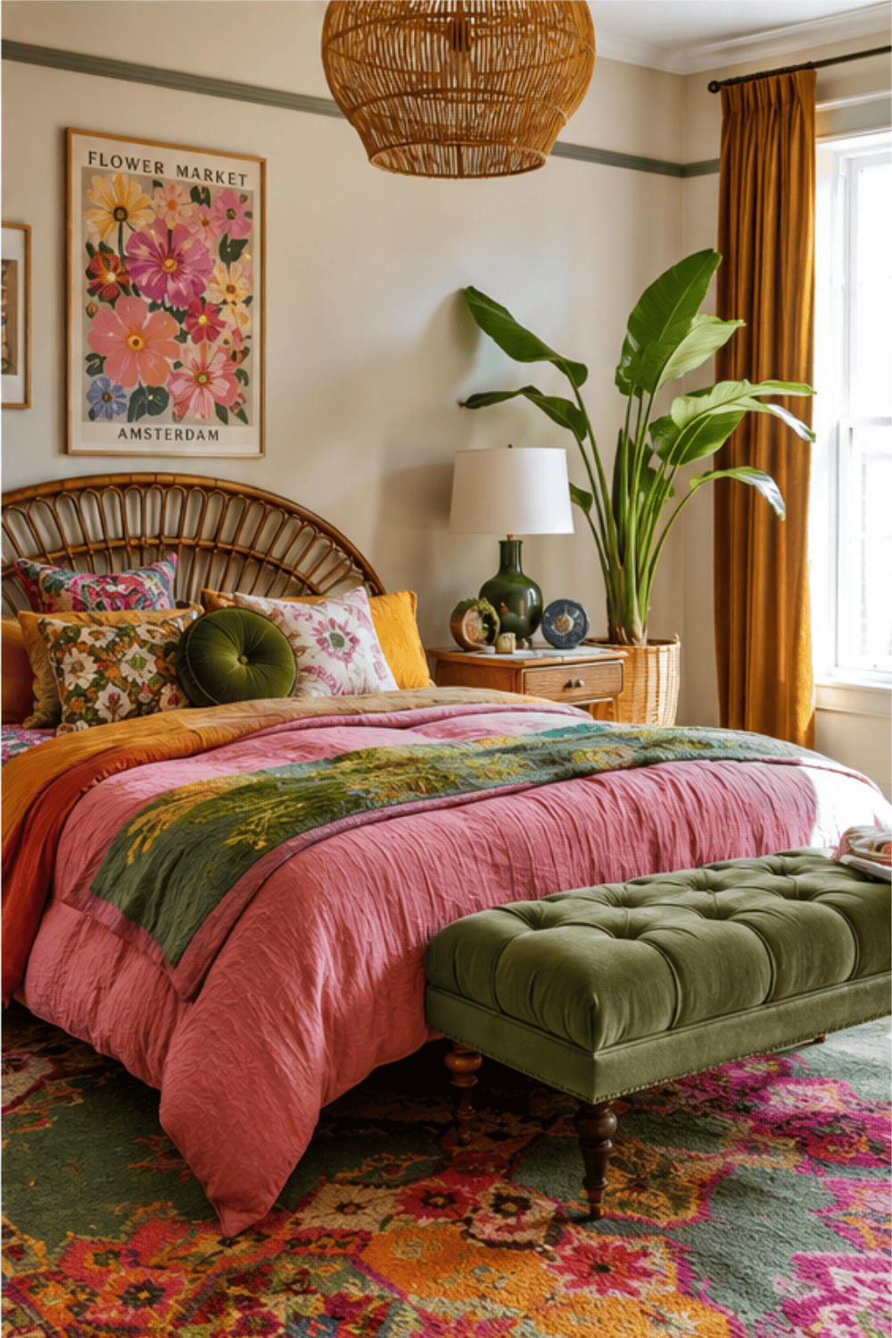 A bedroom with a rattan headboard, pink bedding, and a colorful patterned rug. A large plant sits beside the bed.
