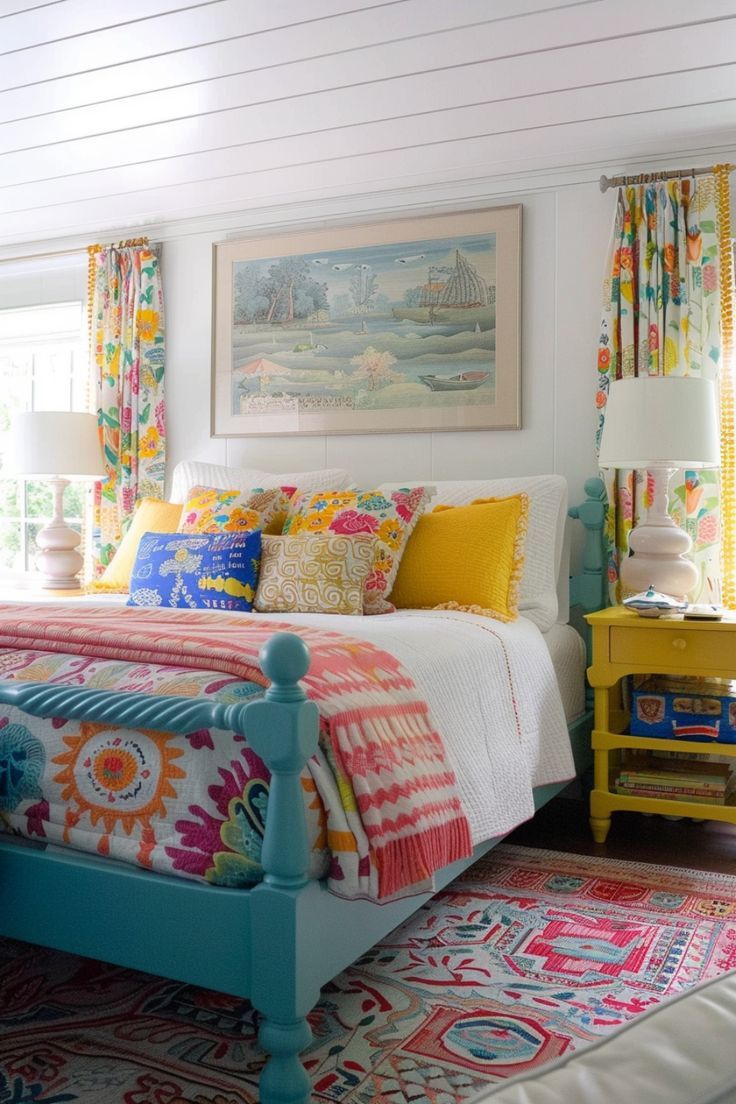 Bedroom with patterned curtains, bedspread, and rug, bright yellow throw pillows, and light blue bed frame.