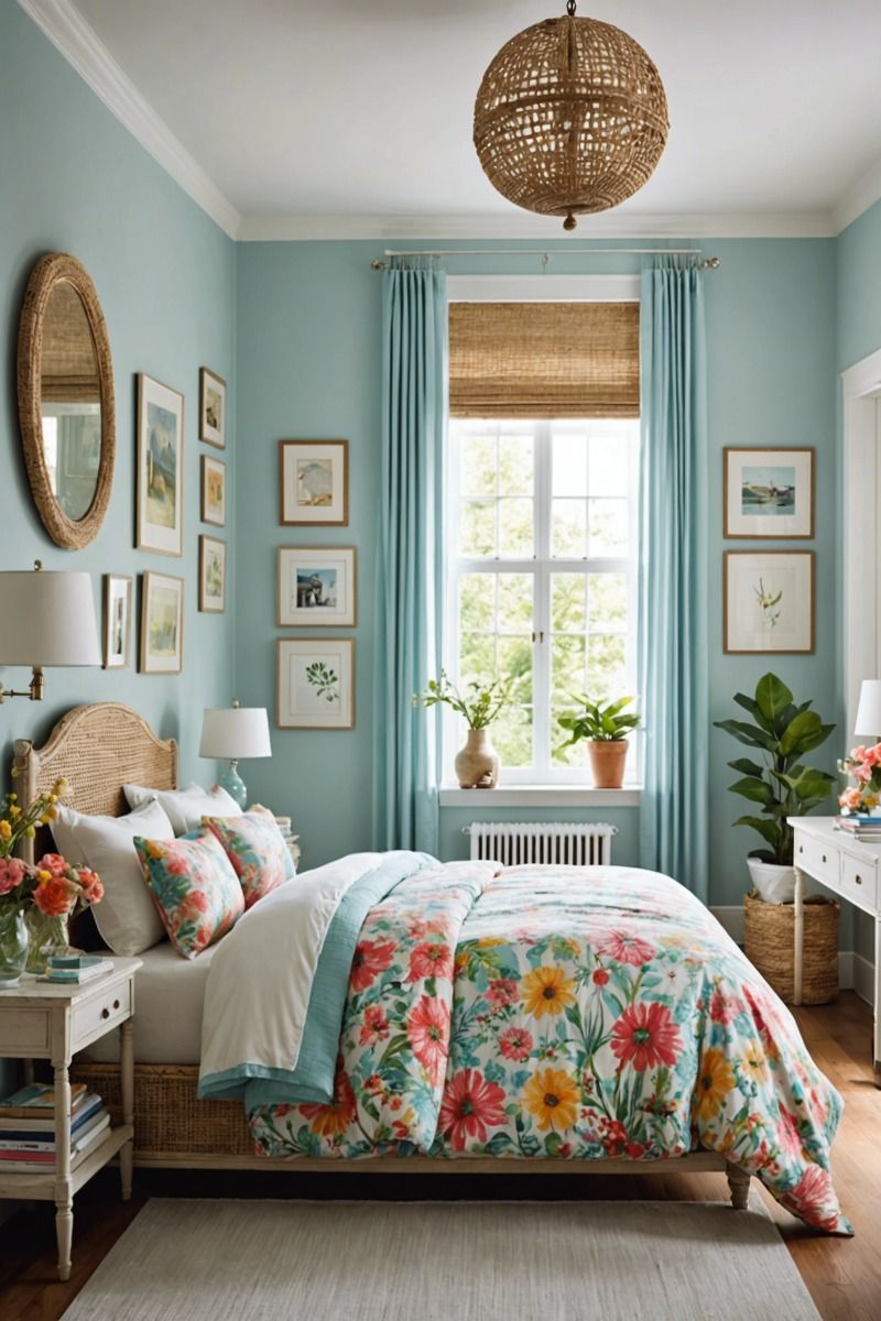 Bedroom with soft blue walls, a bed with floral duvet and pillows, a rattan headboard and light fixture, light blue…