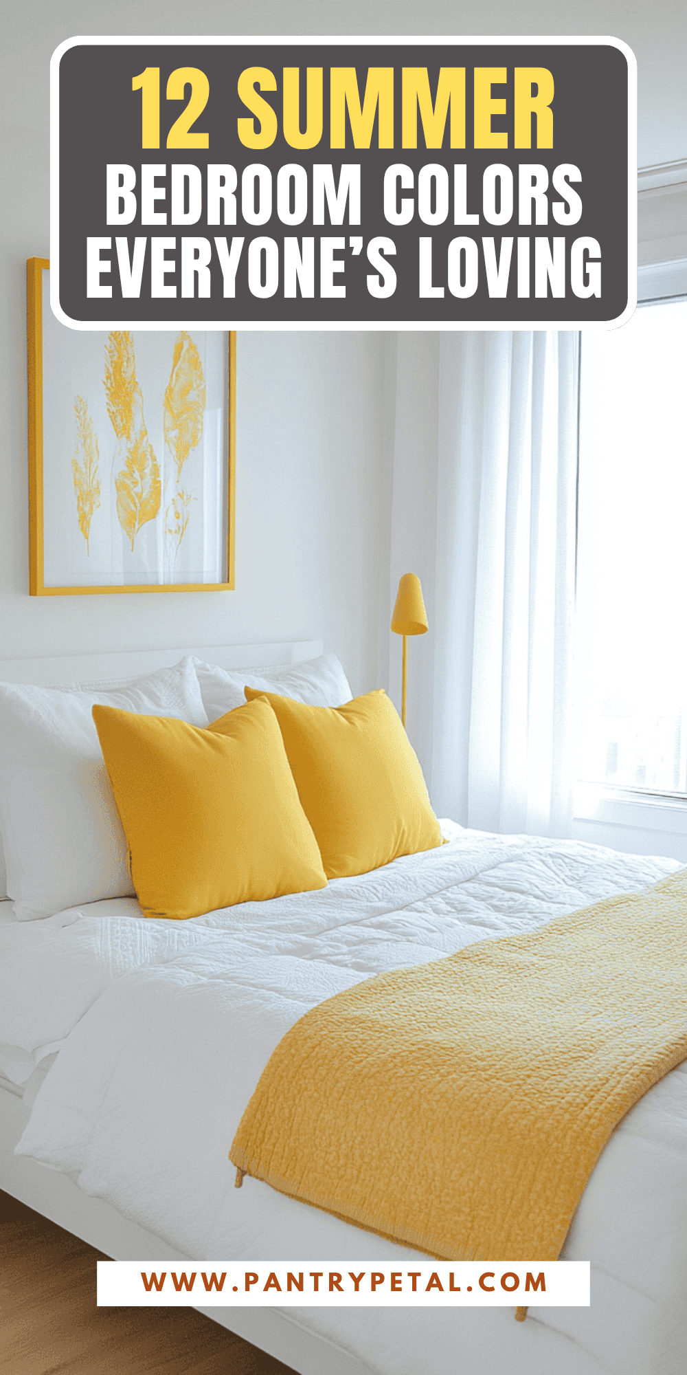 A bedroom featuring white bedding with two yellow throw pillows and a yellow blanket at the foot of the bed.