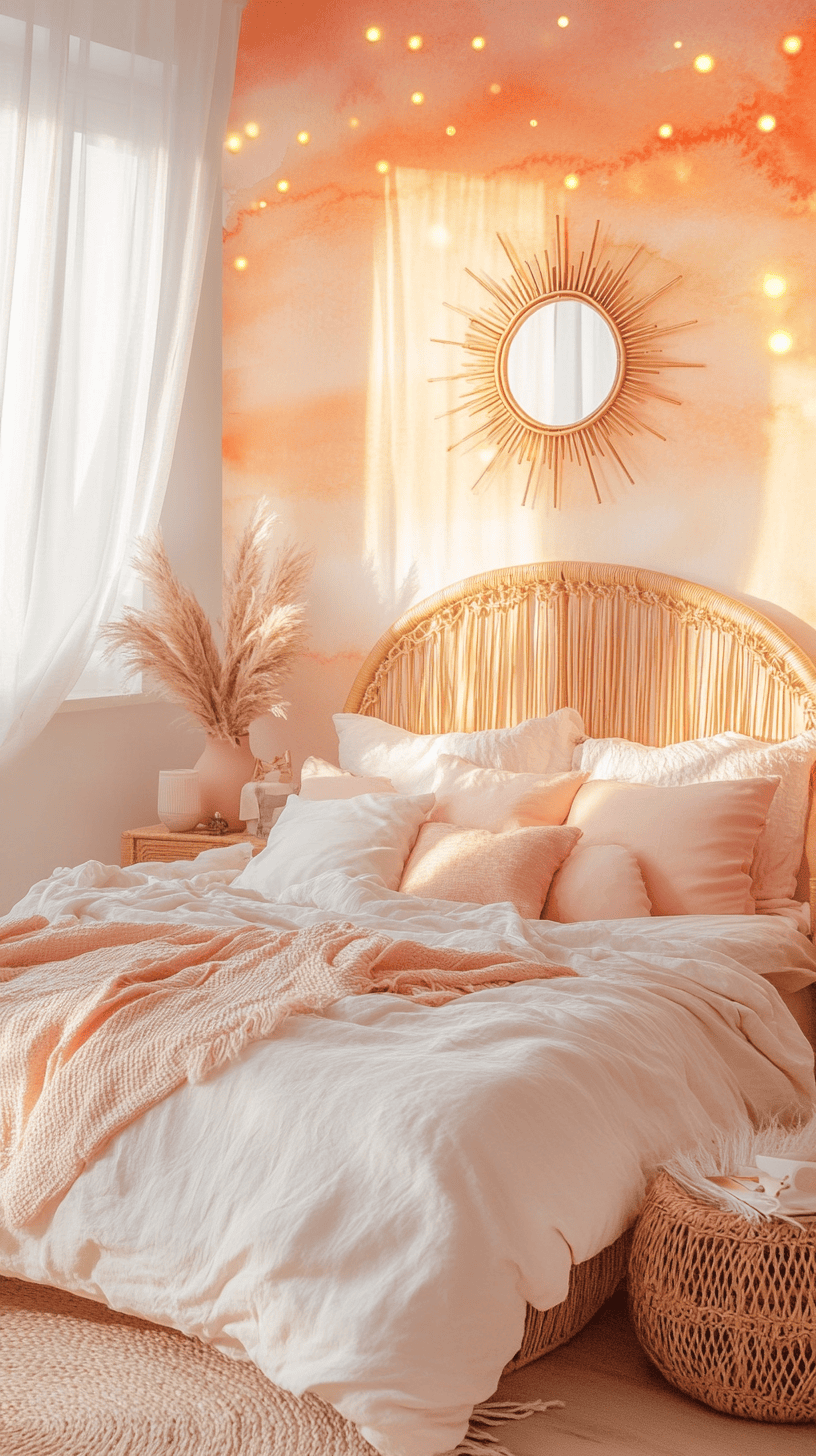 Bedroom with a watercolor-style orange accent wall behind a bed with a woven headboard and light bedding, sunburst mirror on…