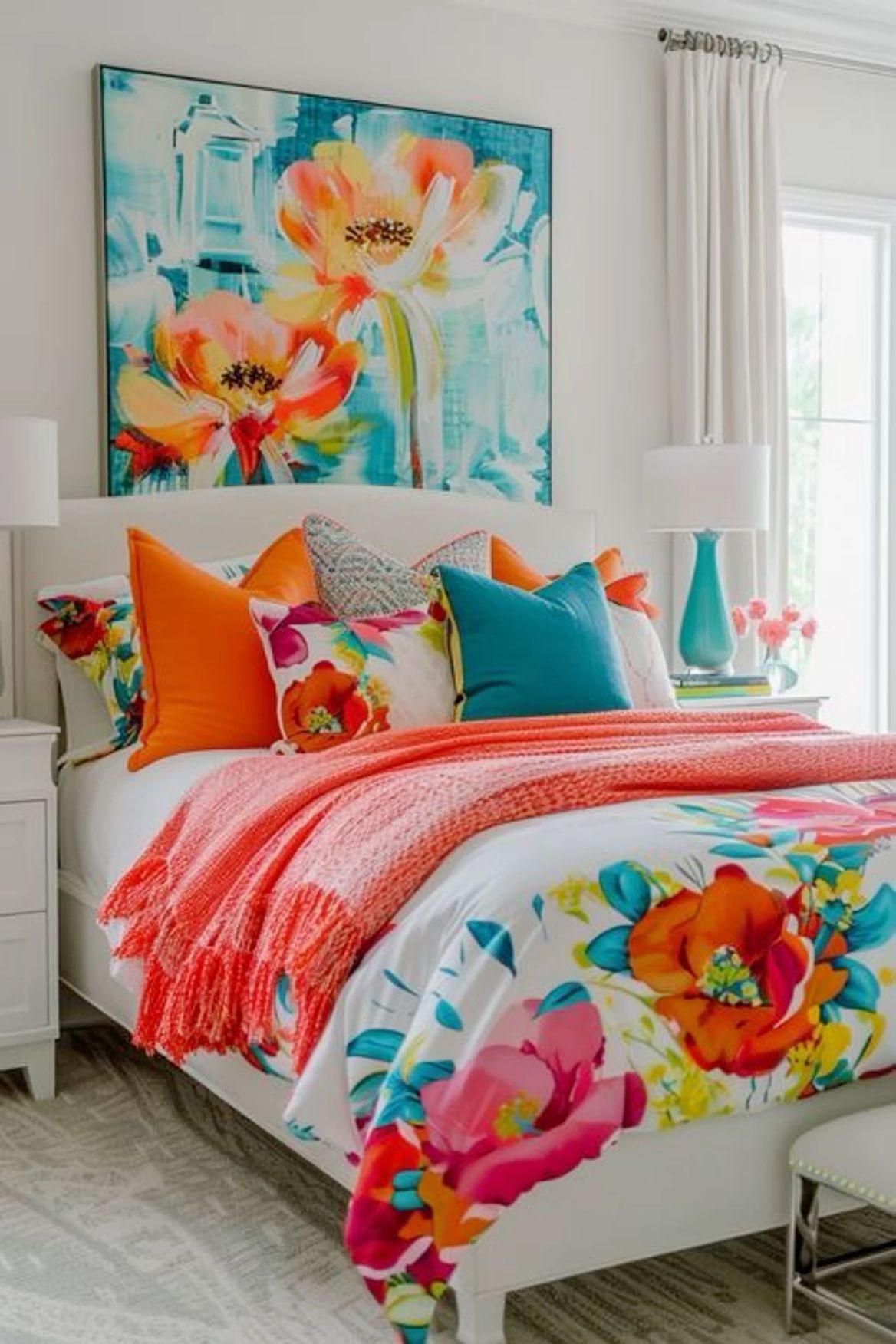 Bedroom with a white bed, patterned quilt, orange and teal pillows, and a large abstract floral art print above the…