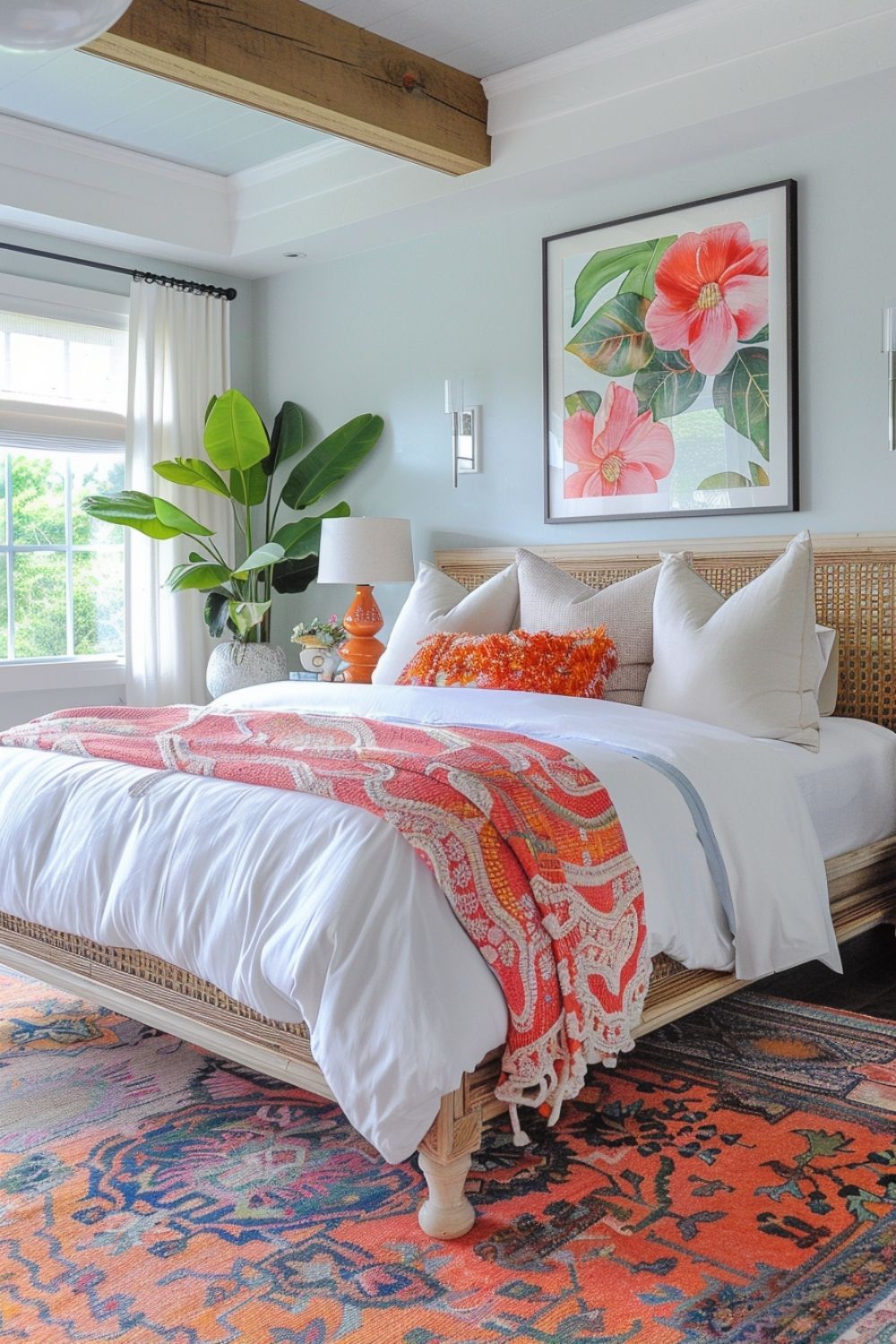 Bedroom with light blue walls, a light wood bed with white bedding, and a coral patterned throw blanket.