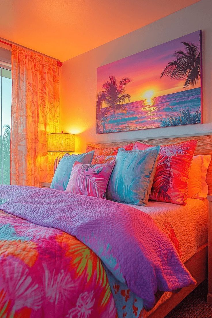 Bedroom decorated with tropical-themed bedding and a large painting of a sunset over the ocean.