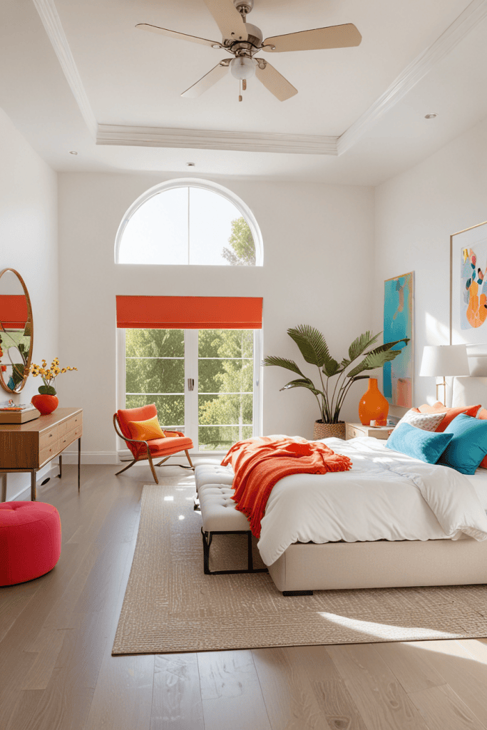 Bedroom with high ceilings, large arched window, and French doors, bright orange and blue accents.
