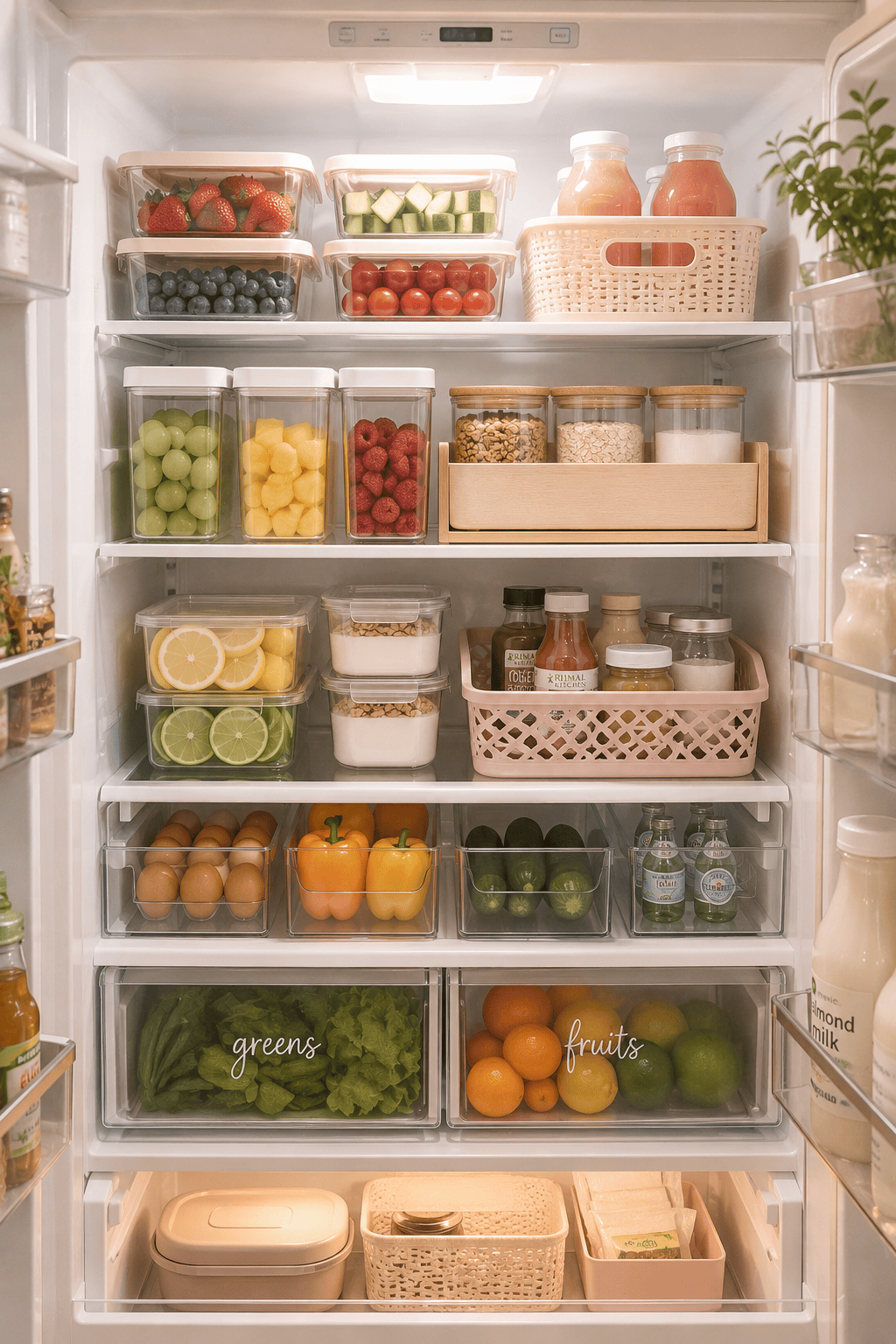 An open and organized refrigerator full of diverse foods, drinks, fruits, and vegetables stored in clear plastic containers…