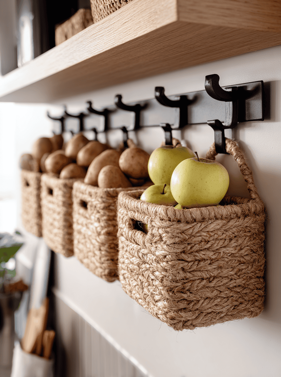 Four woven baskets hang from a black wall-mounted rack under a wooden shelf.