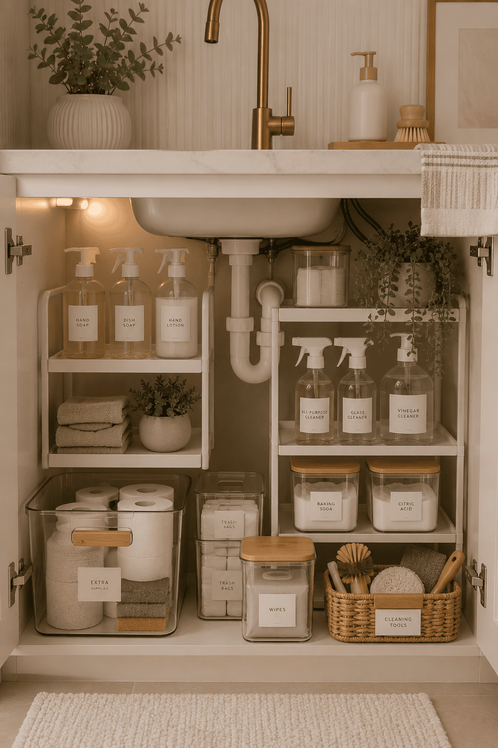 An organized under-sink cabinet with shelves holding labeled bottles, stacked towels, and clear bins for supplies.