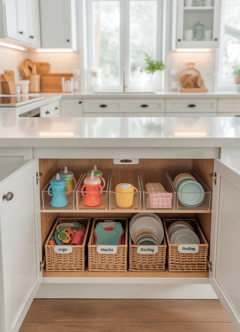 Open kitchen cabinet showing clear bins on the top shelf holding kids' cups, and woven baskets on the bottom shelf with…