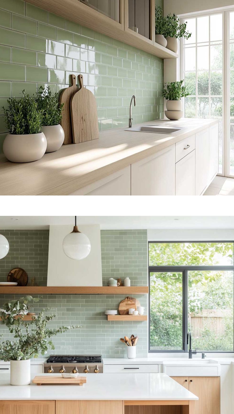 Kitchen with light green glass subway tile backsplash, light wood counters, and white cabinets.