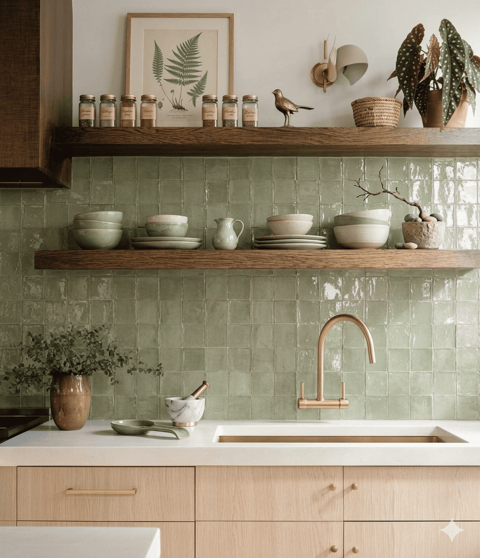 Kitchen interior with light green square tile backsplash, brass faucet, light wood cabinets, and two wooden shelves styled…