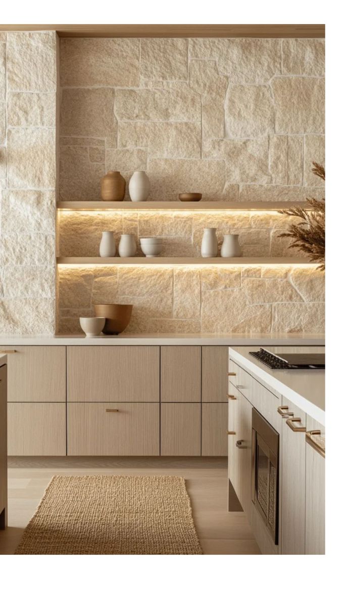 Kitchen backsplash made from light-colored textured stone, with wooden shelves featuring subtle strip lighting and…